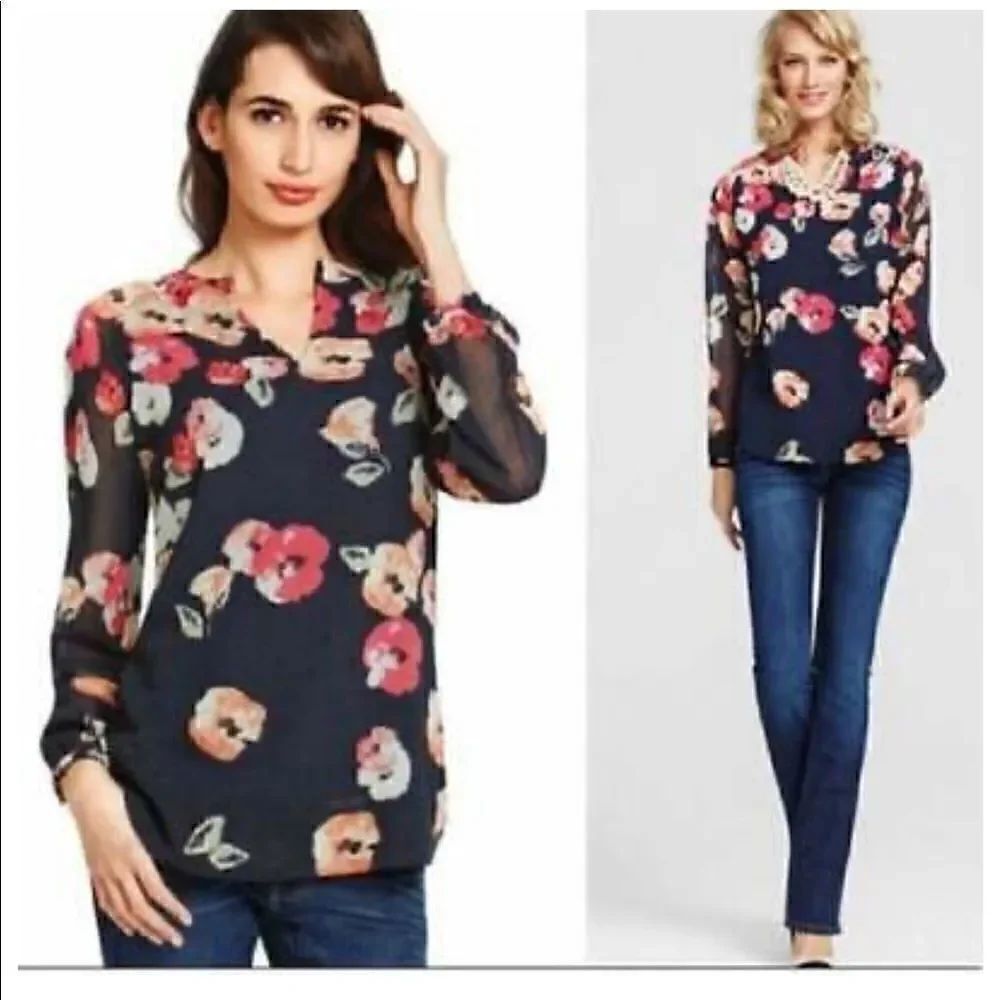 CAbi | Poppy Blouse 971 Women’s Tunic V Neck Top Navy Blue Pink Floral | S
